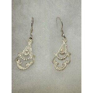 Victorian, Antique Style Filigree 925 Sterling Silver Dangle Earrings Signed